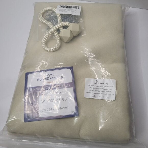 RoomDarkning Blackout Curtain Panels W 100" X L 96" Cream Beige Set With Tieback - Picture 1 of 4